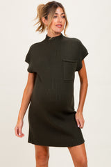 Olive Ribbed Knit Maternity Short Sleeve Sweater Dress