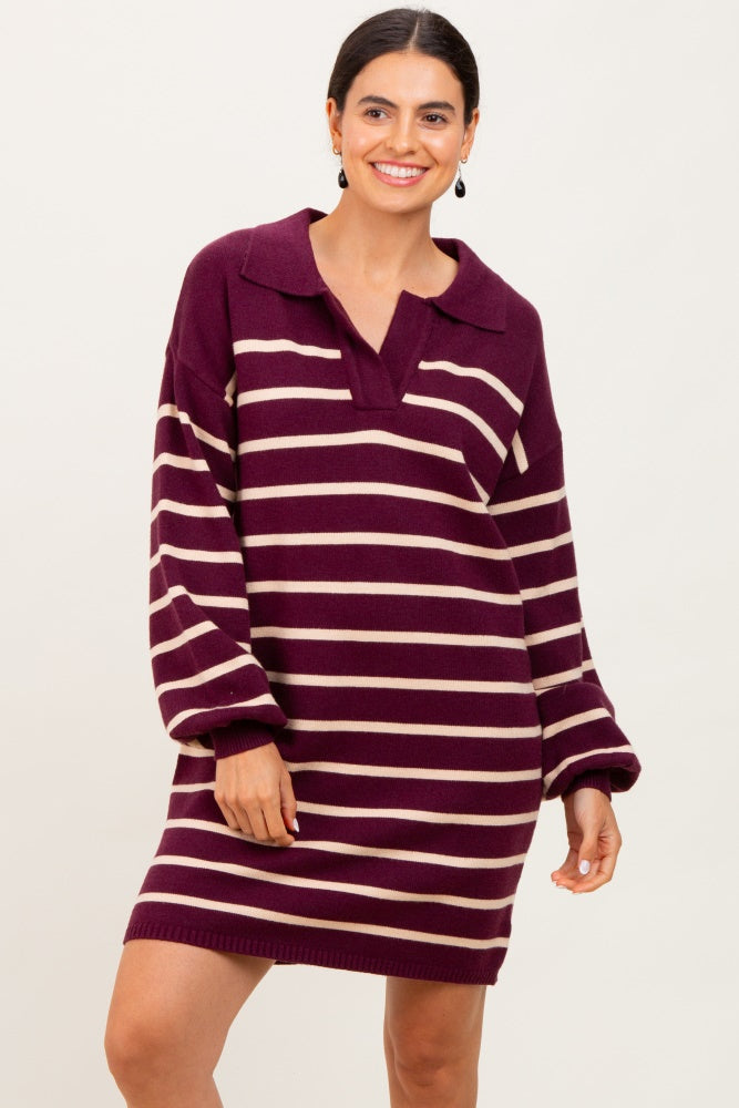 Burgundy Striped Knit Polo Sweater Dress