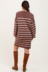 Mocha Striped Knit Polo Sweater Dress