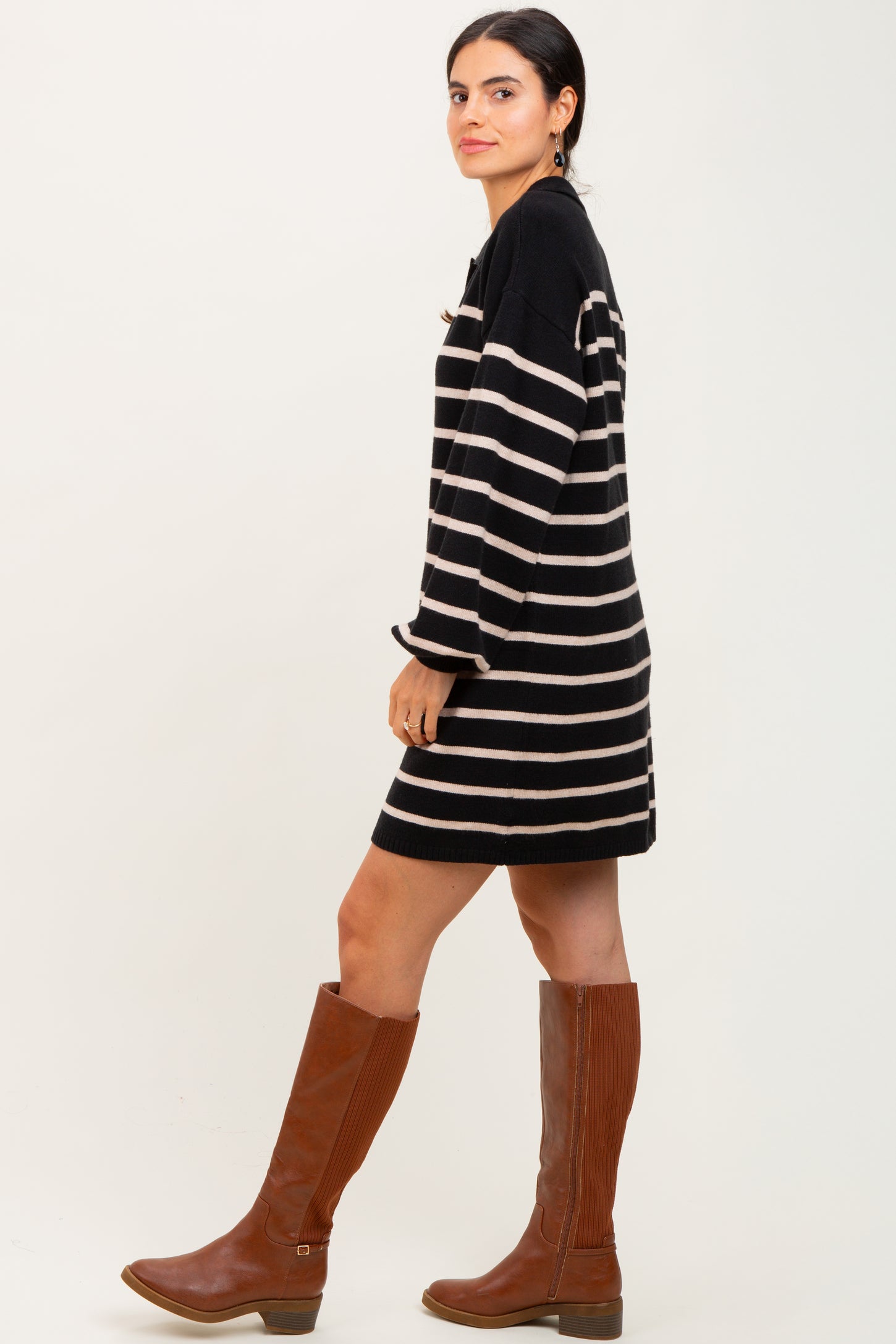 Black Striped Knit Polo Sweater Dress