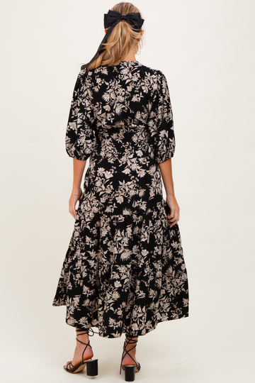 Black Floral 3/4 Sleeve Smocked Waist Maternity Midi Dress
