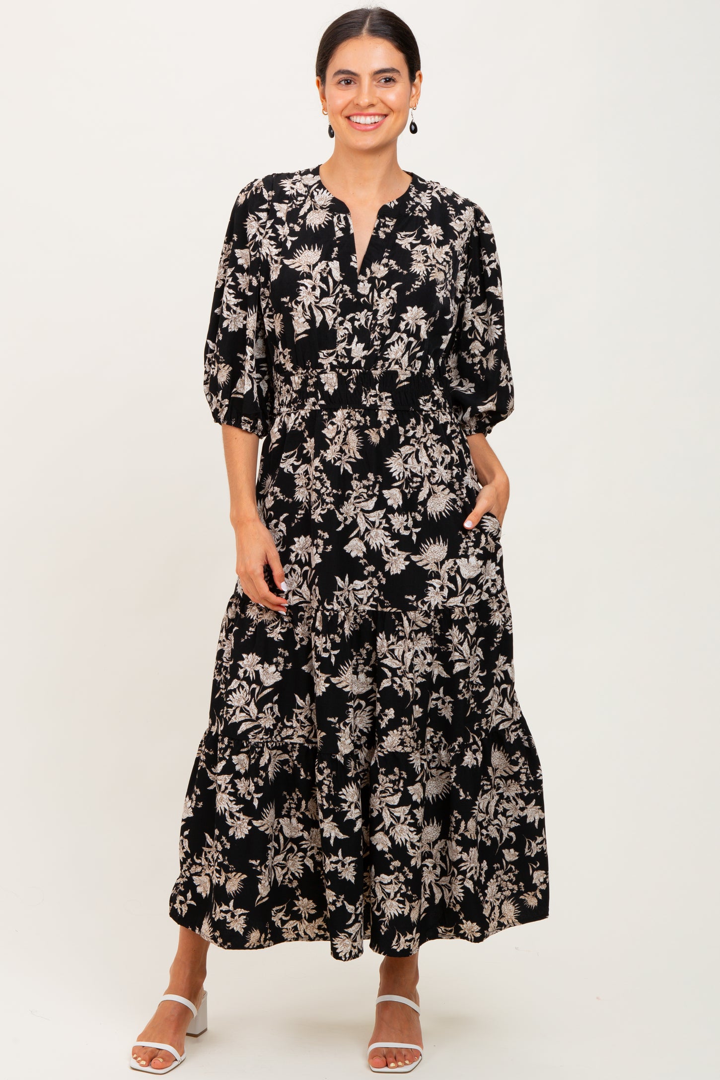 Black Floral 3/4 Sleeve Smocked Waist Midi Dress