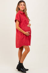 Rust Faux Suede Button Down Maternity Shirt Dress