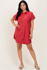 Rust Faux Suede Button Down Shirt Dress