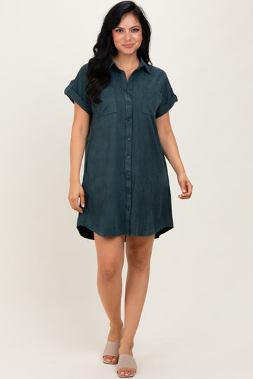 Forest Green Faux Suede Button Down Shirt Dress
