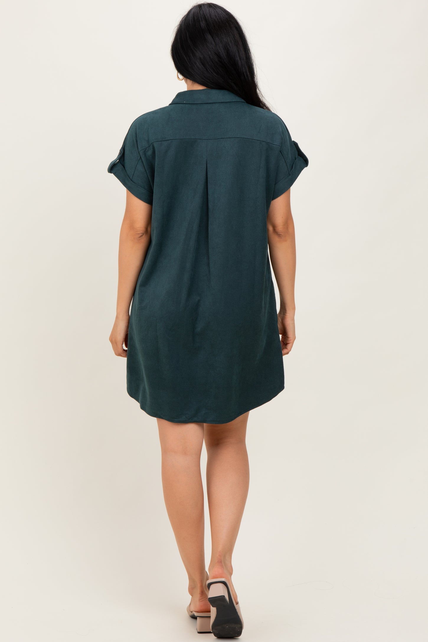 Forest Green Faux Suede Button Down Shirt Dress