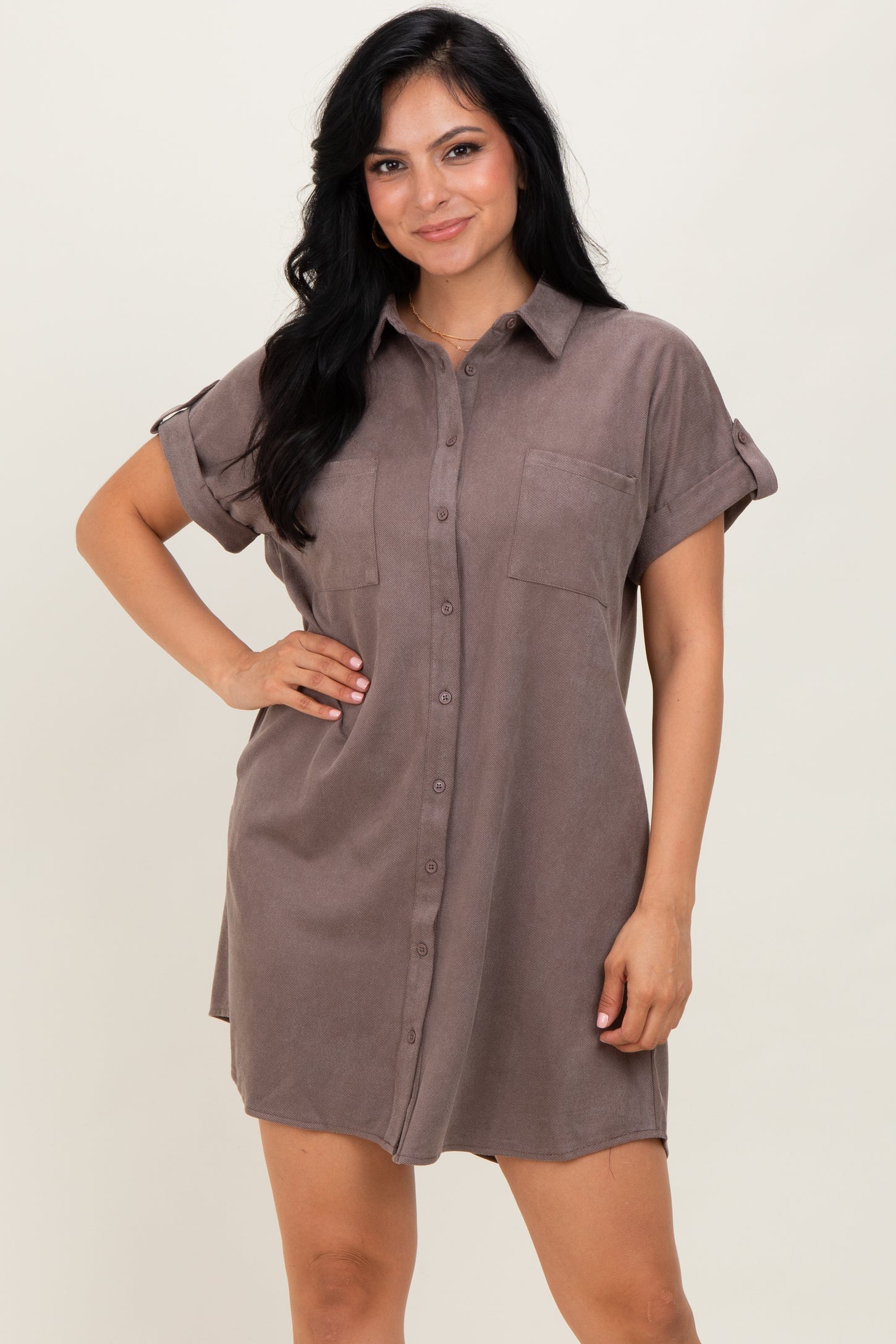 Mocha Faux Suede Button Down Shirt Dress