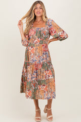 Multicolor Floral Paisley Patchwork 3/4 Sleeve Maternity Midi Dress