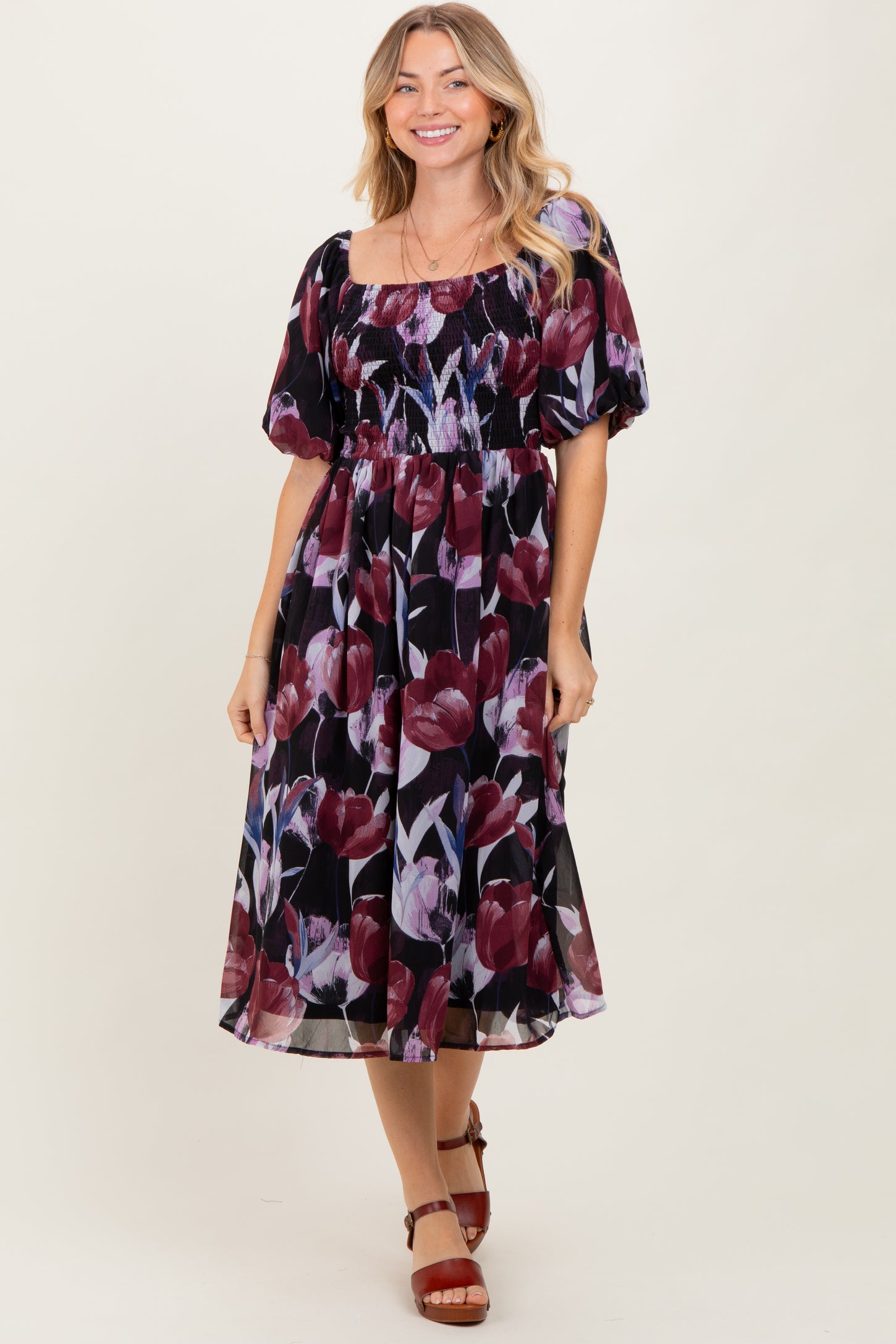 Plum Tulip Floral Smocked Puff Sleeve Midi Dress