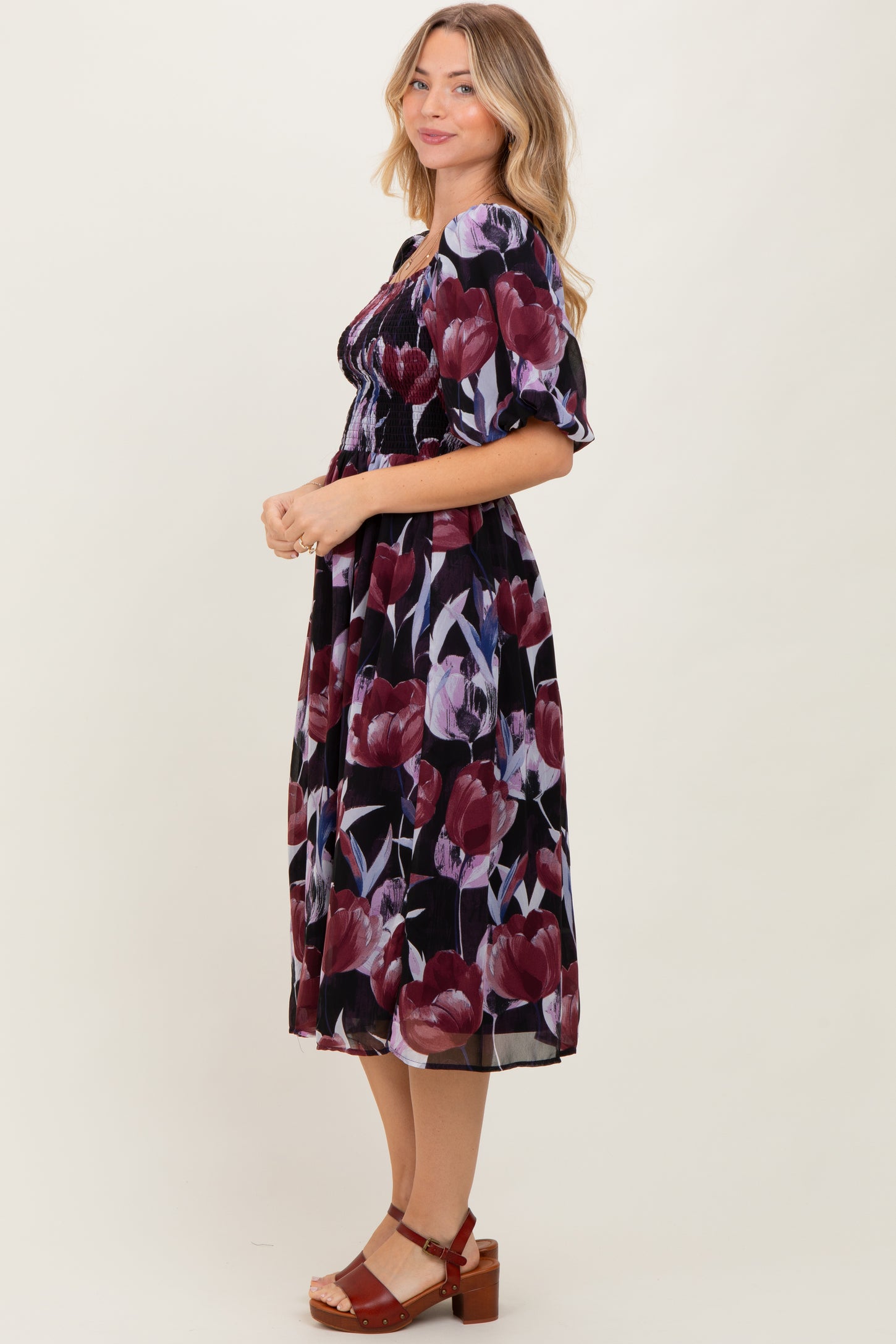 Plum Tulip Floral Smocked Puff Sleeve Midi Dress