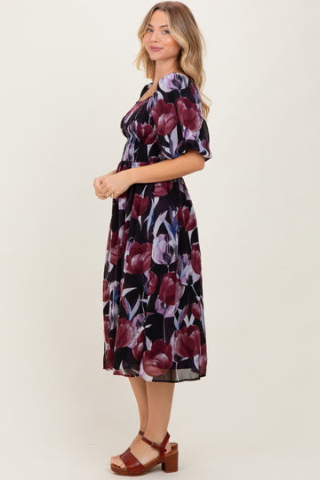 Plum Tulip Floral Smocked Puff Sleeve Midi Dress
