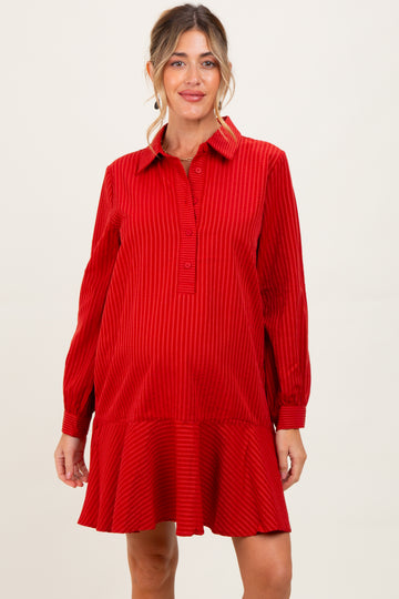 Rust Striped Long Sleeve Drop Waist Maternity Polo Dress