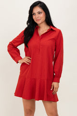 Rust Striped Long Sleeve Drop Waist Polo Dress
