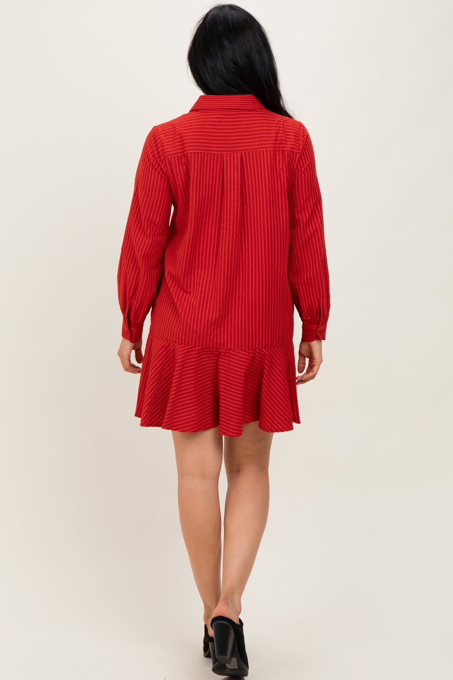 Rust Striped Long Sleeve Drop Waist Polo Dress