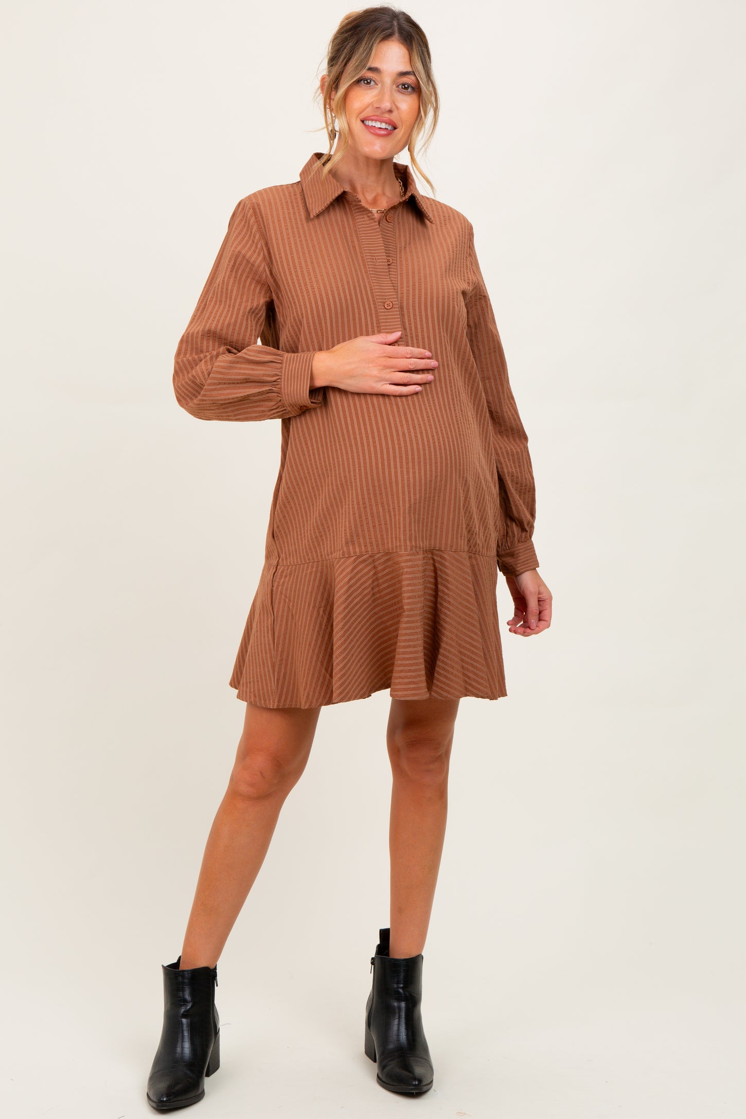 Camel Striped Long Sleeve Drop Waist Maternity Polo Dress
