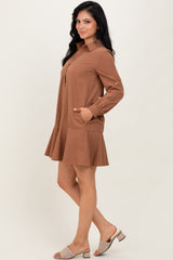 Camel Striped Long Sleeve Drop Waist Polo Dress