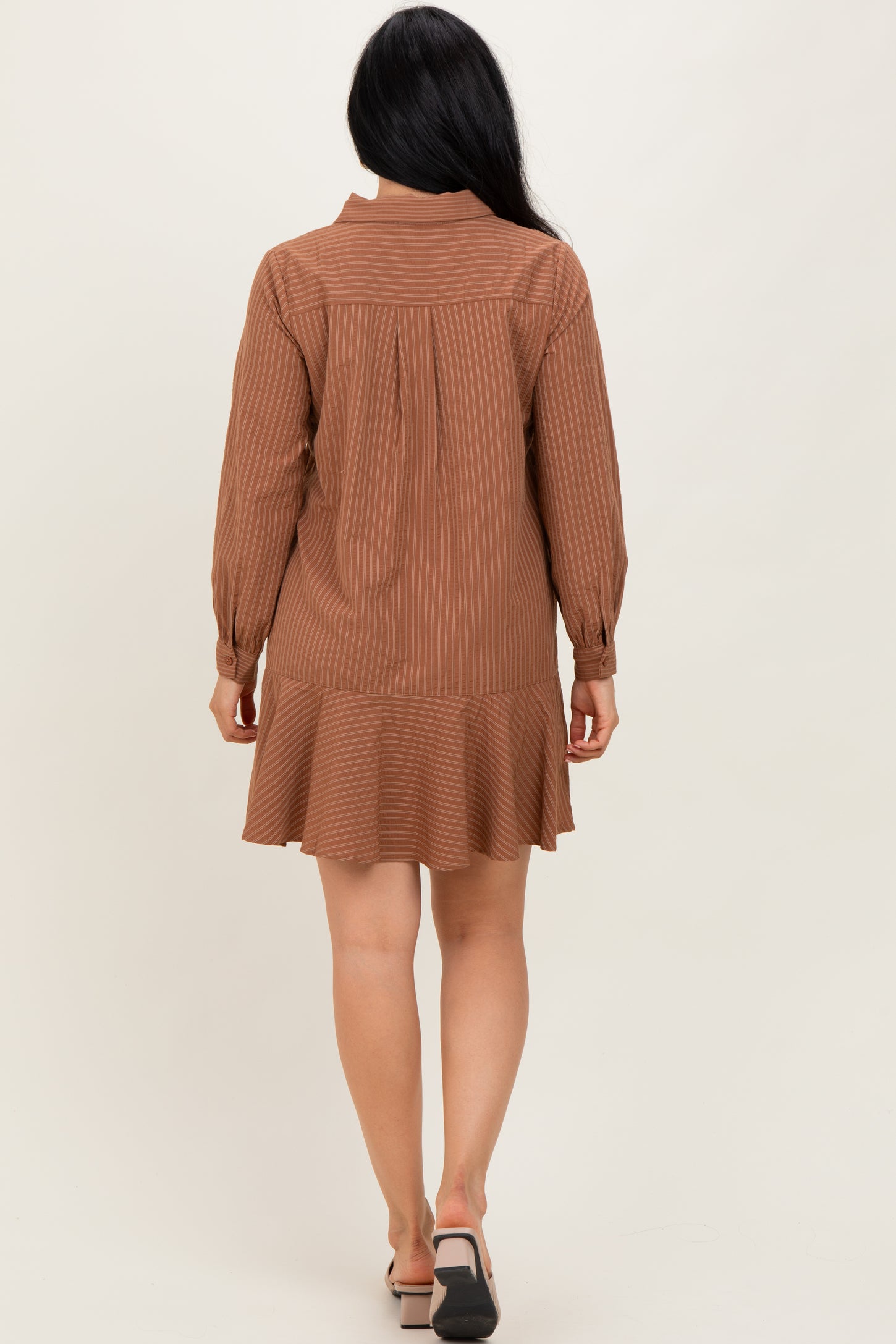 Camel Striped Long Sleeve Drop Waist Polo Dress