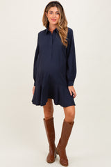 Navy Striped Long Sleeve Drop Waist Maternity Polo Dress