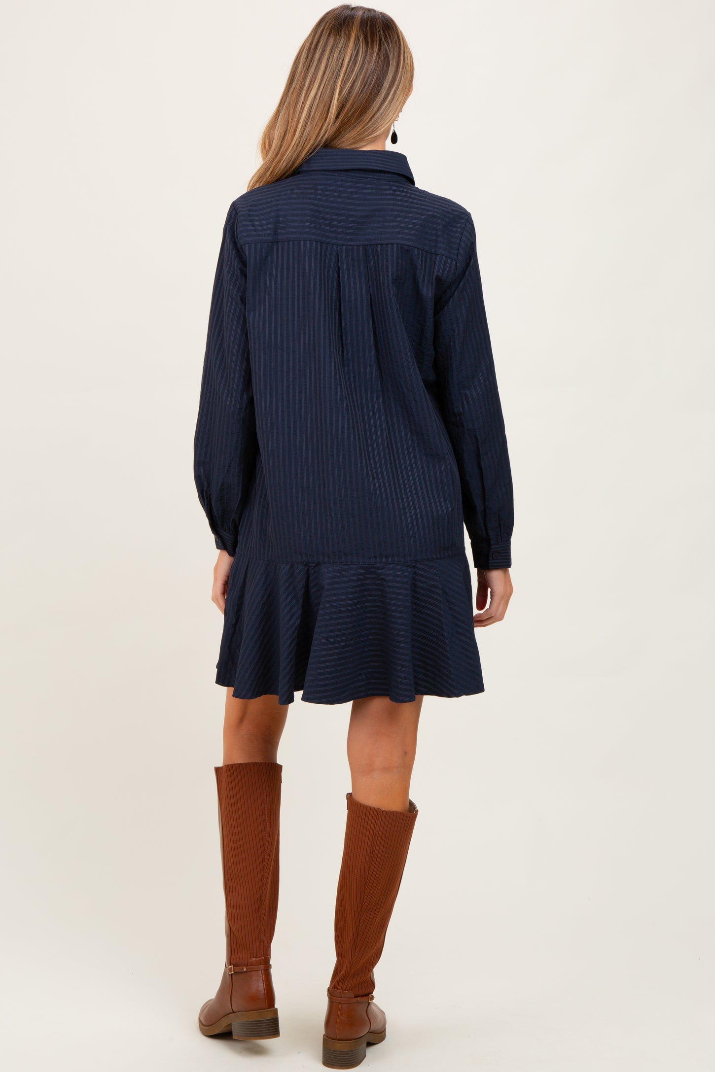 Navy Striped Long Sleeve Drop Waist Maternity Polo Dress