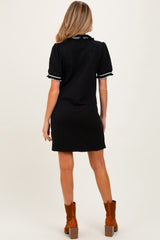 Black Jacquard Ruffle Accent Maternity Polo Dress