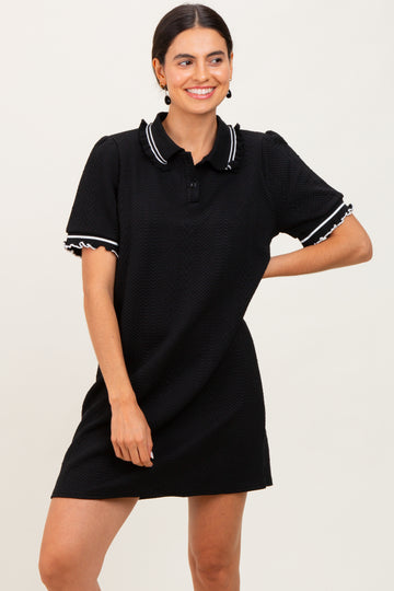 Black Jacquard Ruffle Accent Polo Dress