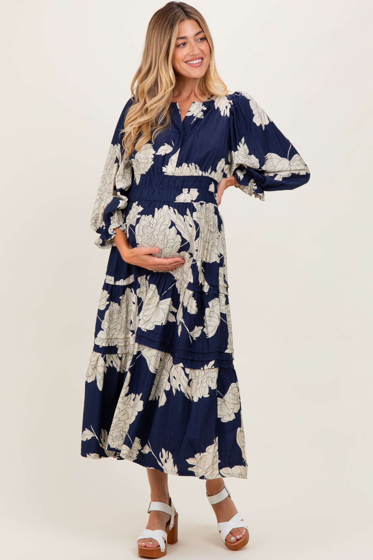 Navy Floral Long 3/4 Sleeve Tiered Maternity Midi Dress