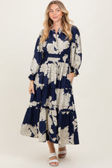 Navy Floral Long 3/4 Sleeve Tiered Midi Dress