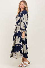 Navy Floral Long 3/4 Sleeve Tiered Midi Dress