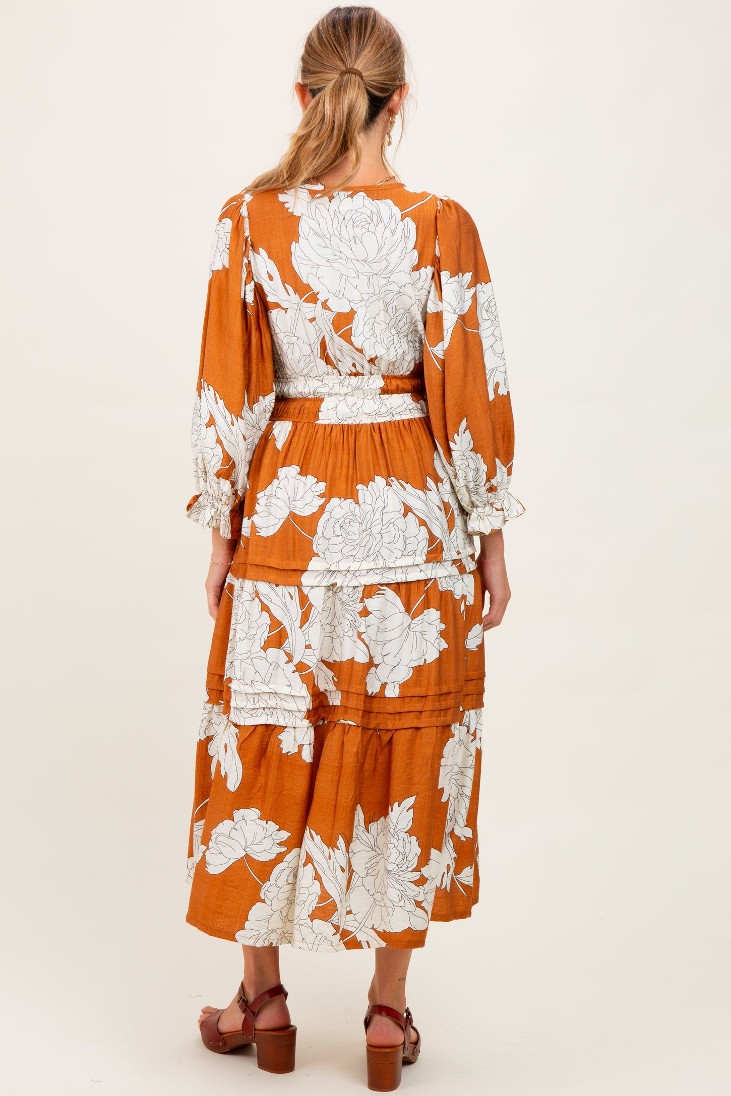 Camel Floral Long 3/4 Sleeve Tiered Maternity Midi Dress
