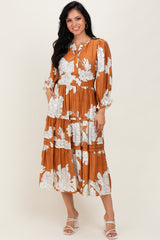 Camel Floral Long 3/4 Sleeve Tiered Midi Dress
