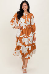 Camel Floral Long 3/4 Sleeve Tiered Midi Dress