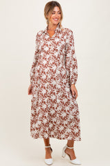 Camel Floral Button Down Long Sleeve Maternity Midi Dress