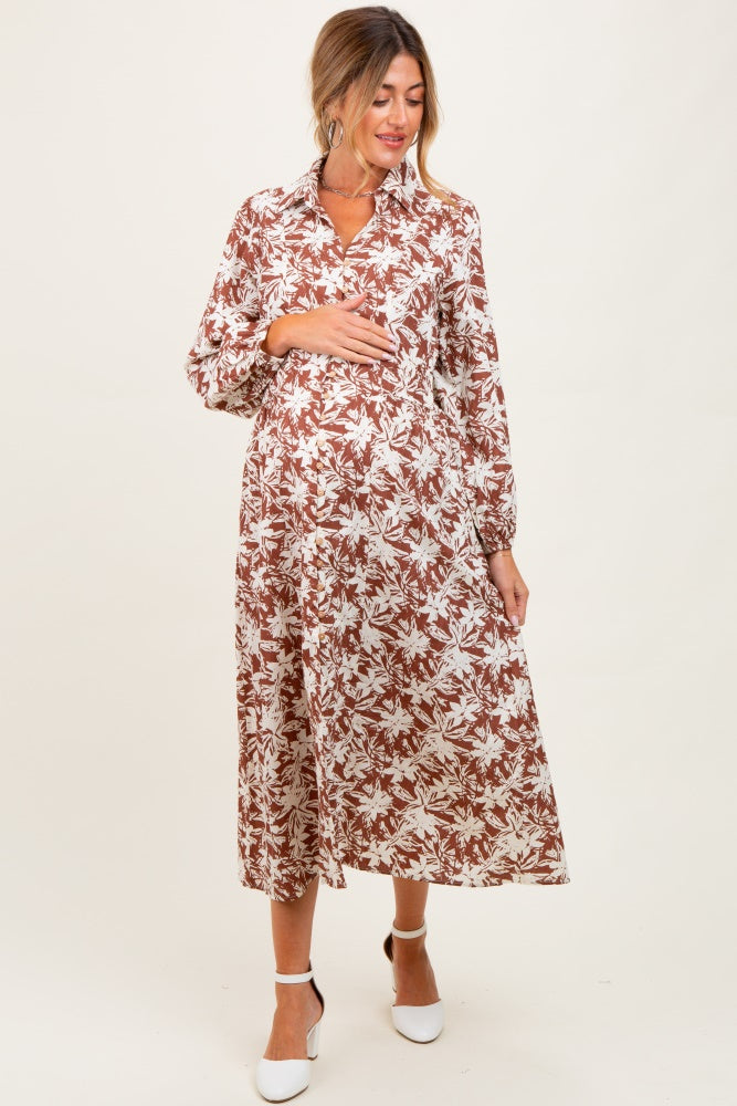 Camel Floral Button Down Long Sleeve Maternity Midi Dress