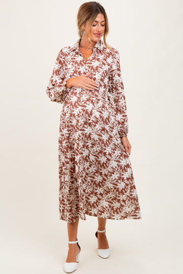 Camel Floral Button Down Long Sleeve Maternity Midi Dress