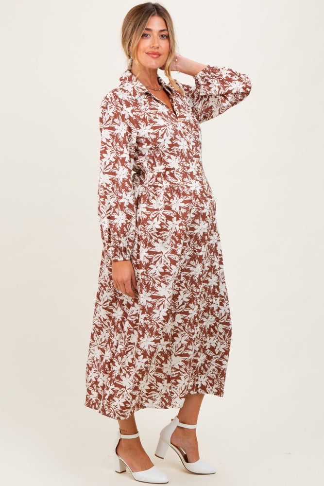 Camel Floral Button Down Long Sleeve Maternity Midi Dress
