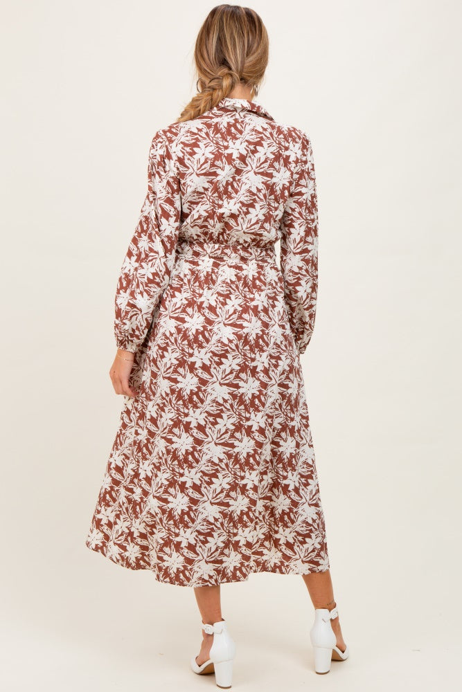 Camel Floral Button Down Long Sleeve Maternity Midi Dress