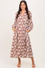 Camel Floral Button Down Long Sleeve Maternity Midi Dress