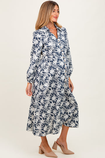 Navy Floral Button Down Long Sleeve Maternity Midi Dress