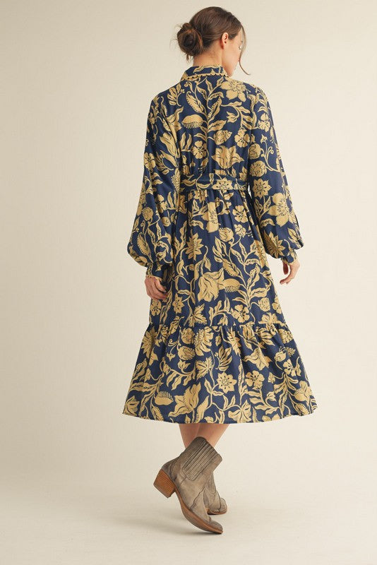 Navy Floral Button Down Bubble Sleeve Shirt Dress