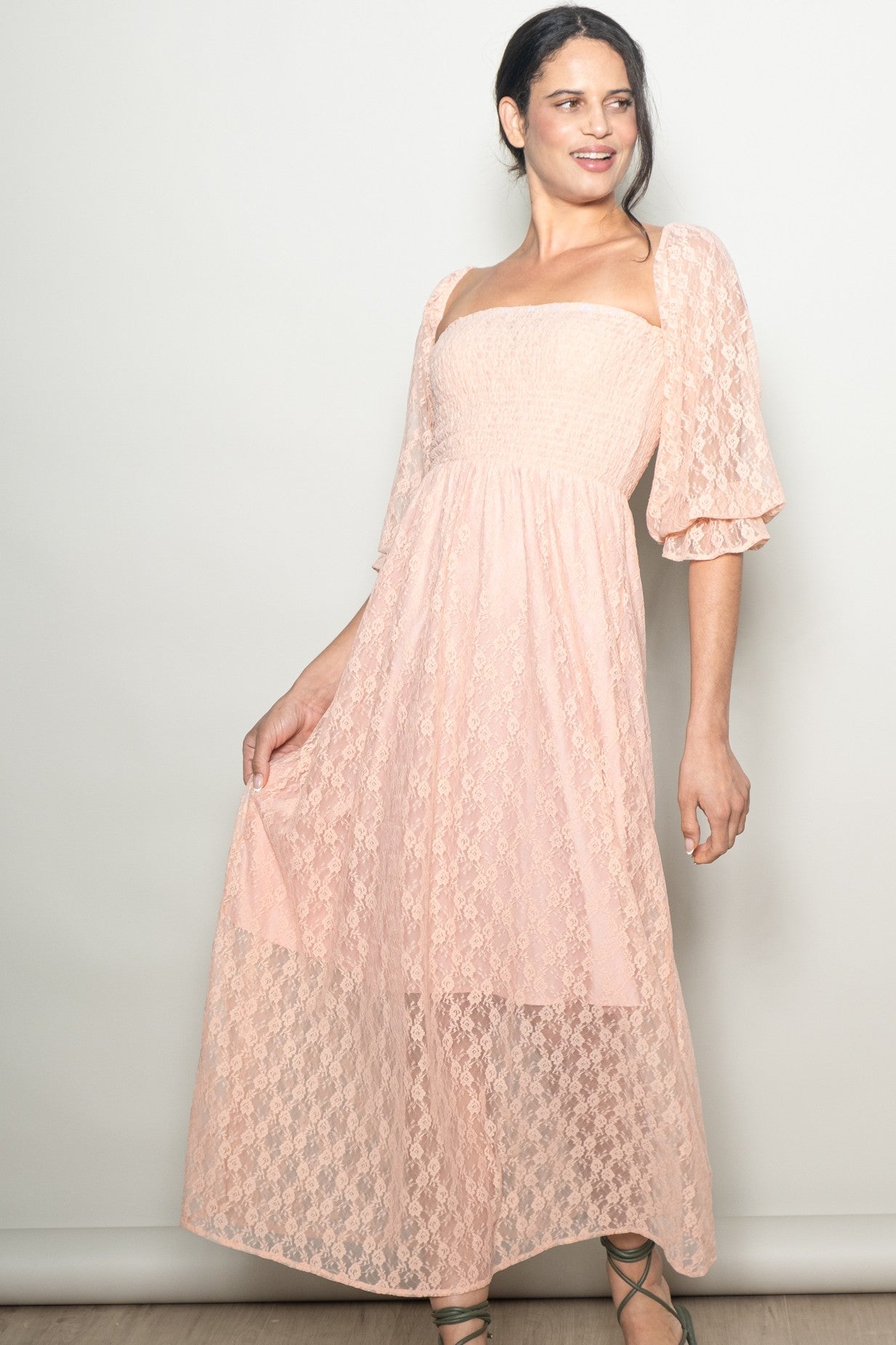 Peach Lace Overlay Smocked Maxi Dress