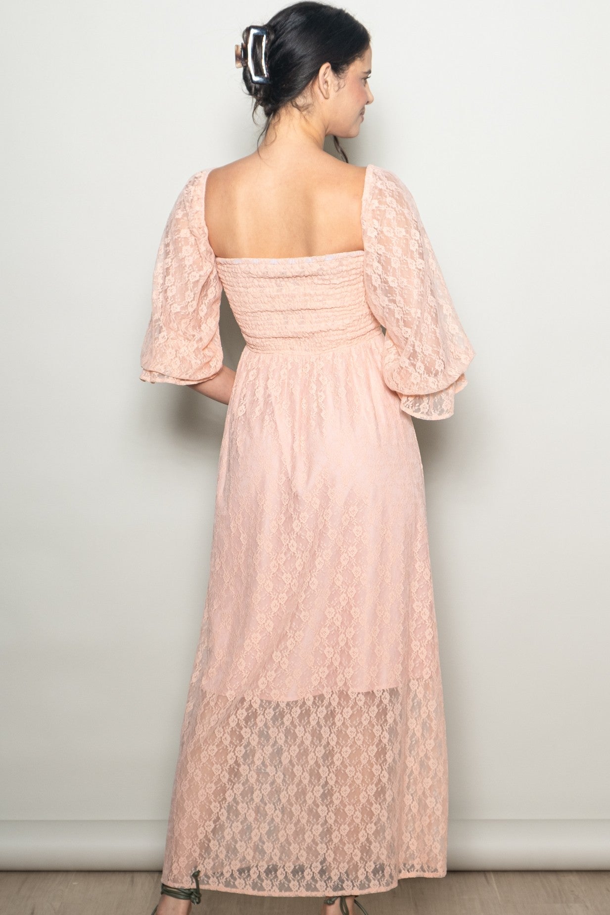 Peach Lace Overlay Smocked Maxi Dress