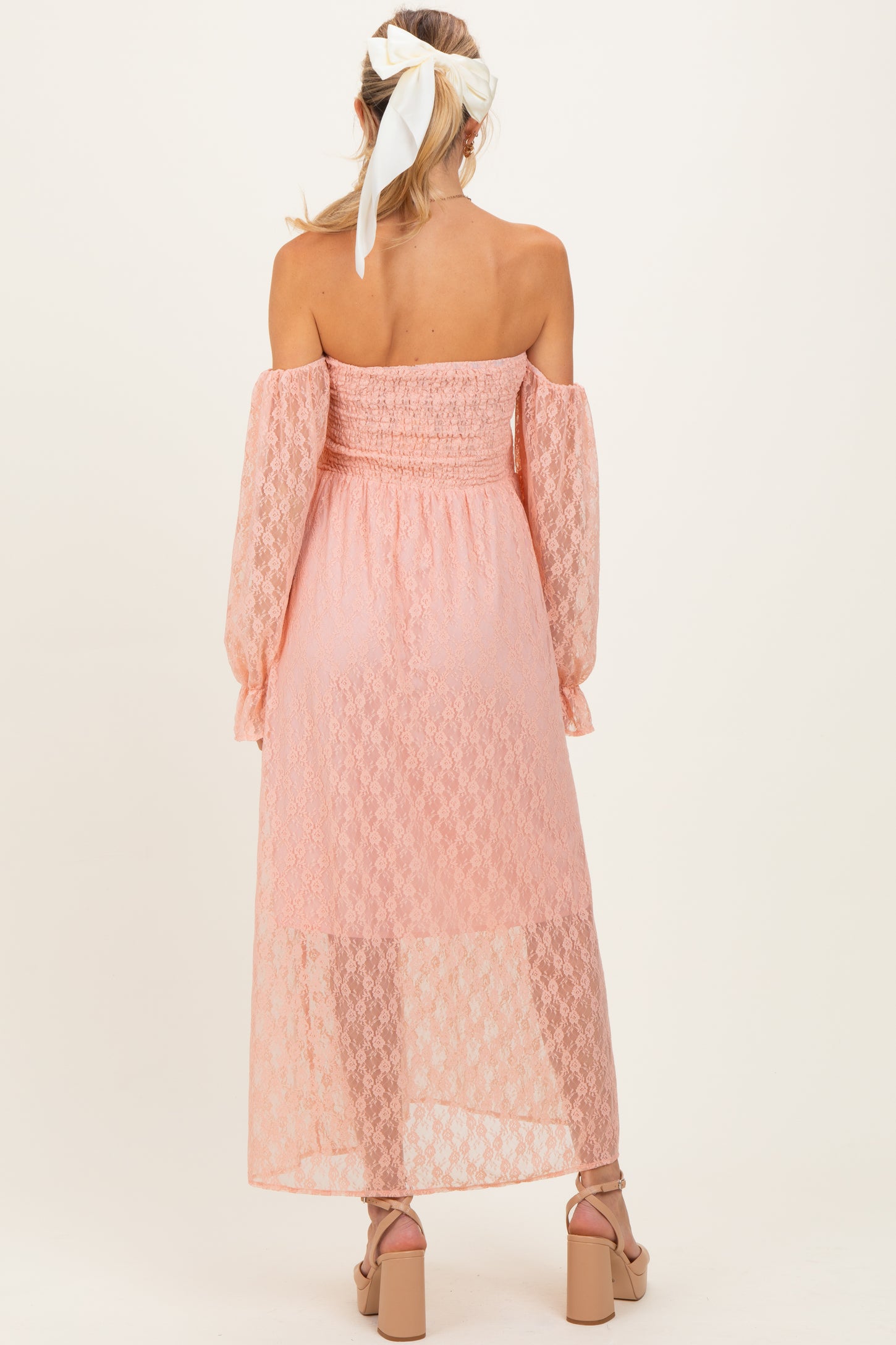 Peach Lace Overlay Smocked Maternity Maxi Dress