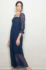 Navy Lace Overlay Smocked Maxi Dress