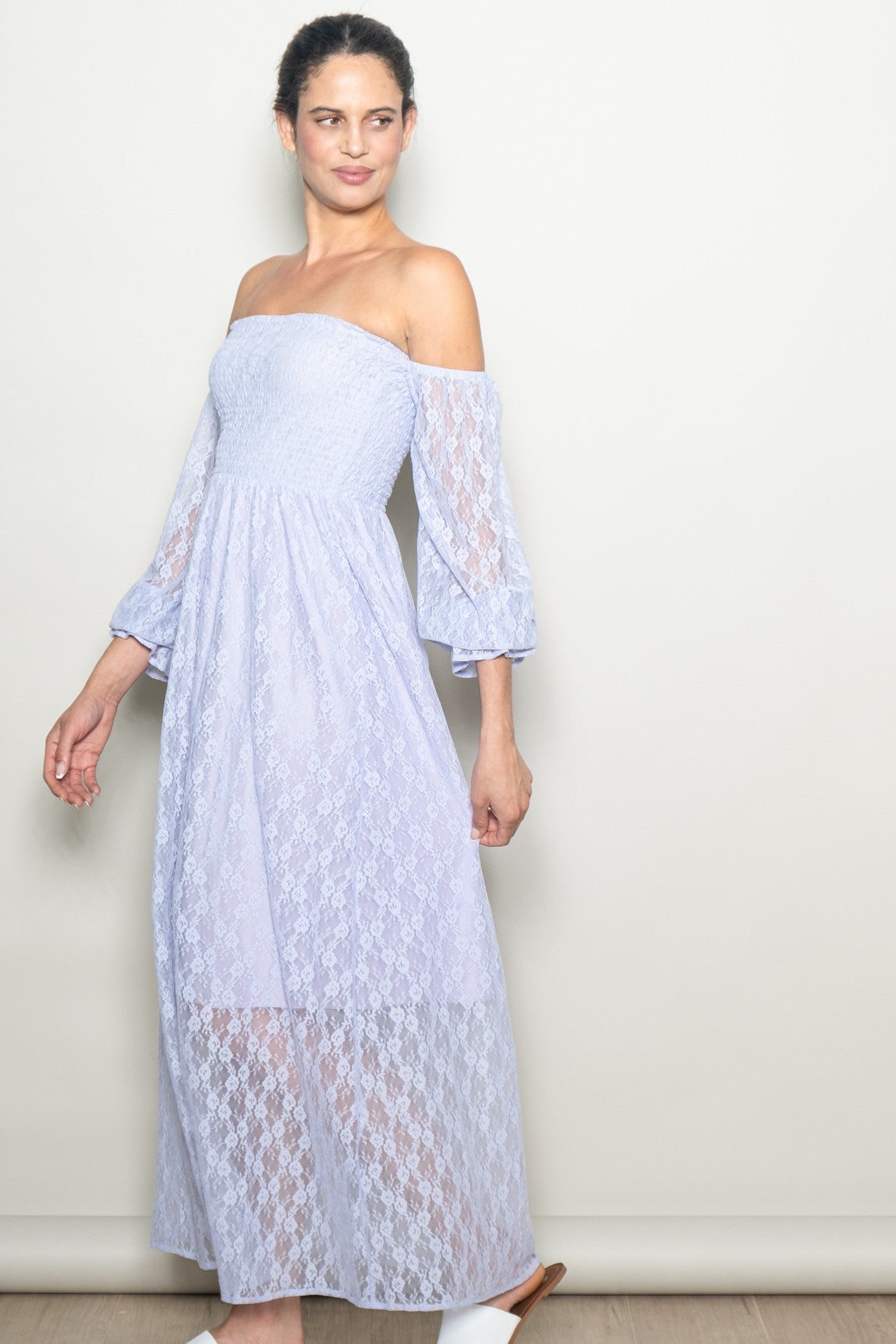 Lavender Lace Overlay Smocked Maxi Dress