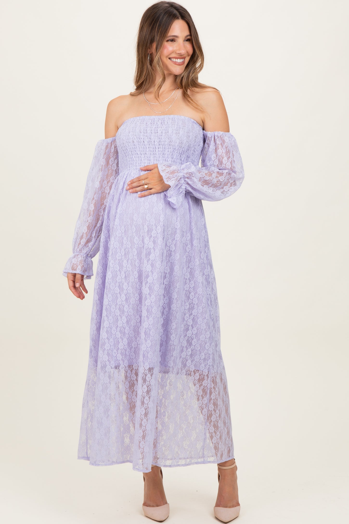 Lavender Lace Overlay Smocked Maternity Maxi Dress