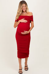 Red Off Shoulder Ruched Maternity Midi Dress