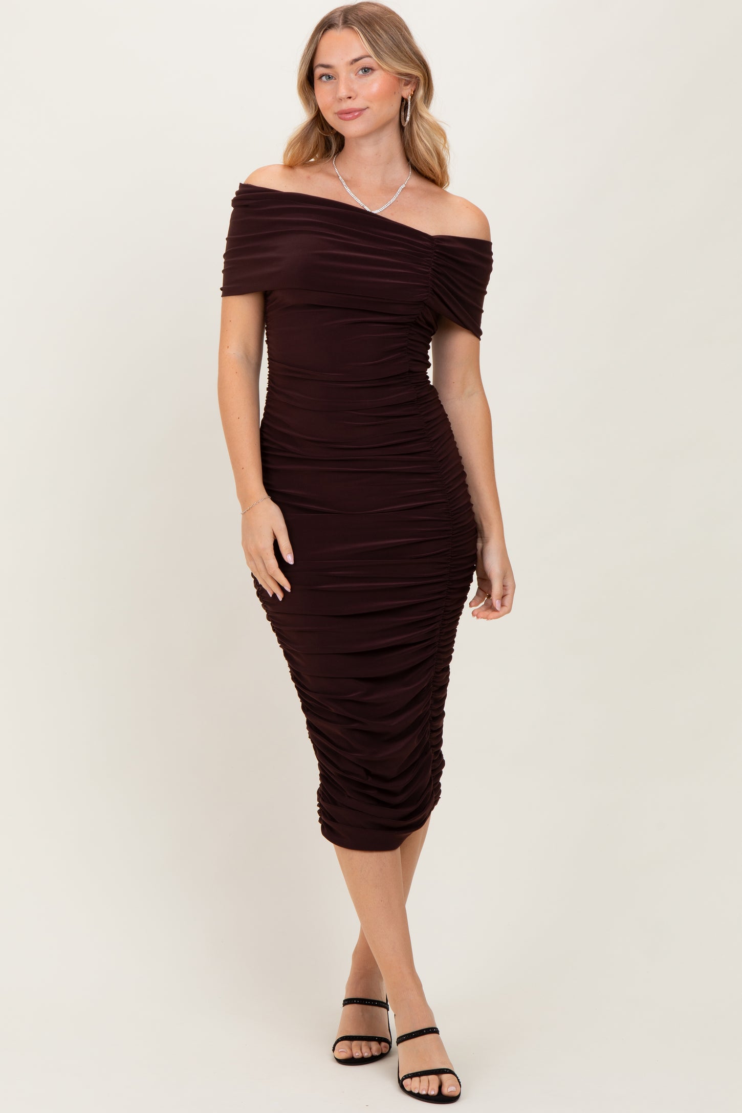 Brown Off Shoulder Ruched Midi Dress