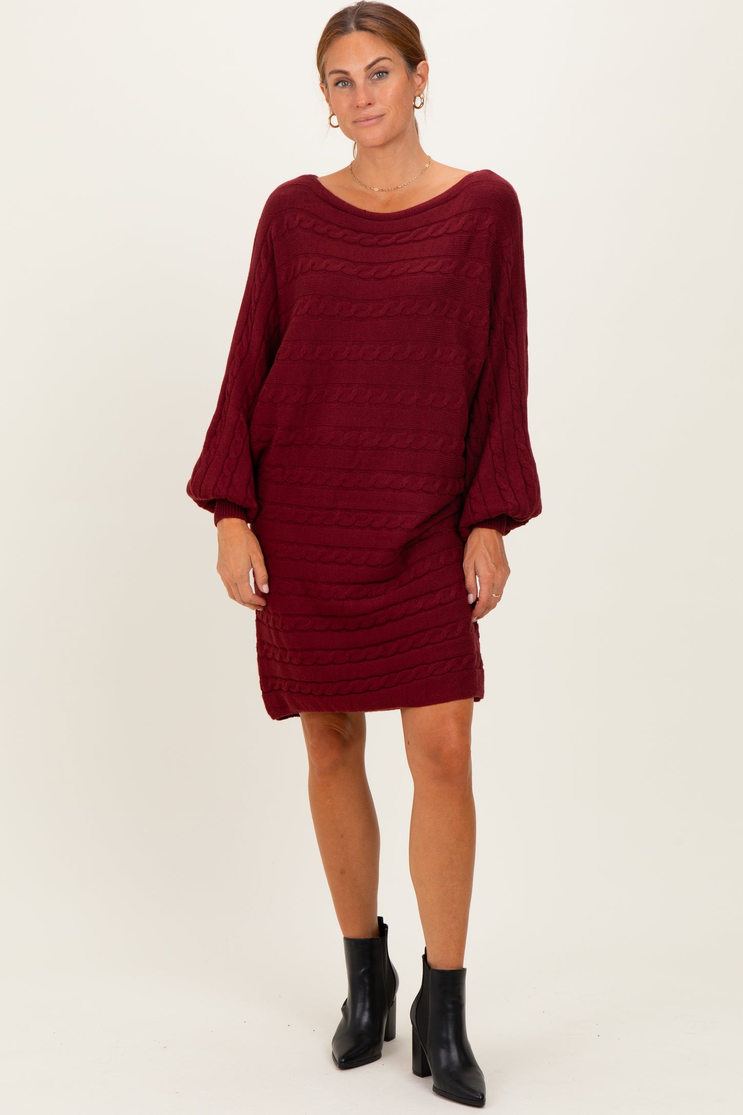 Burgundy Cable Knit Dolman Sleeve Maternity Sweater Mini Dress