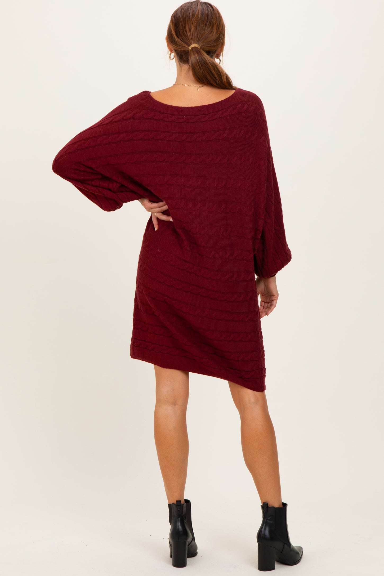 Burgundy Cable Knit Dolman Sleeve Sweater Mini Dress