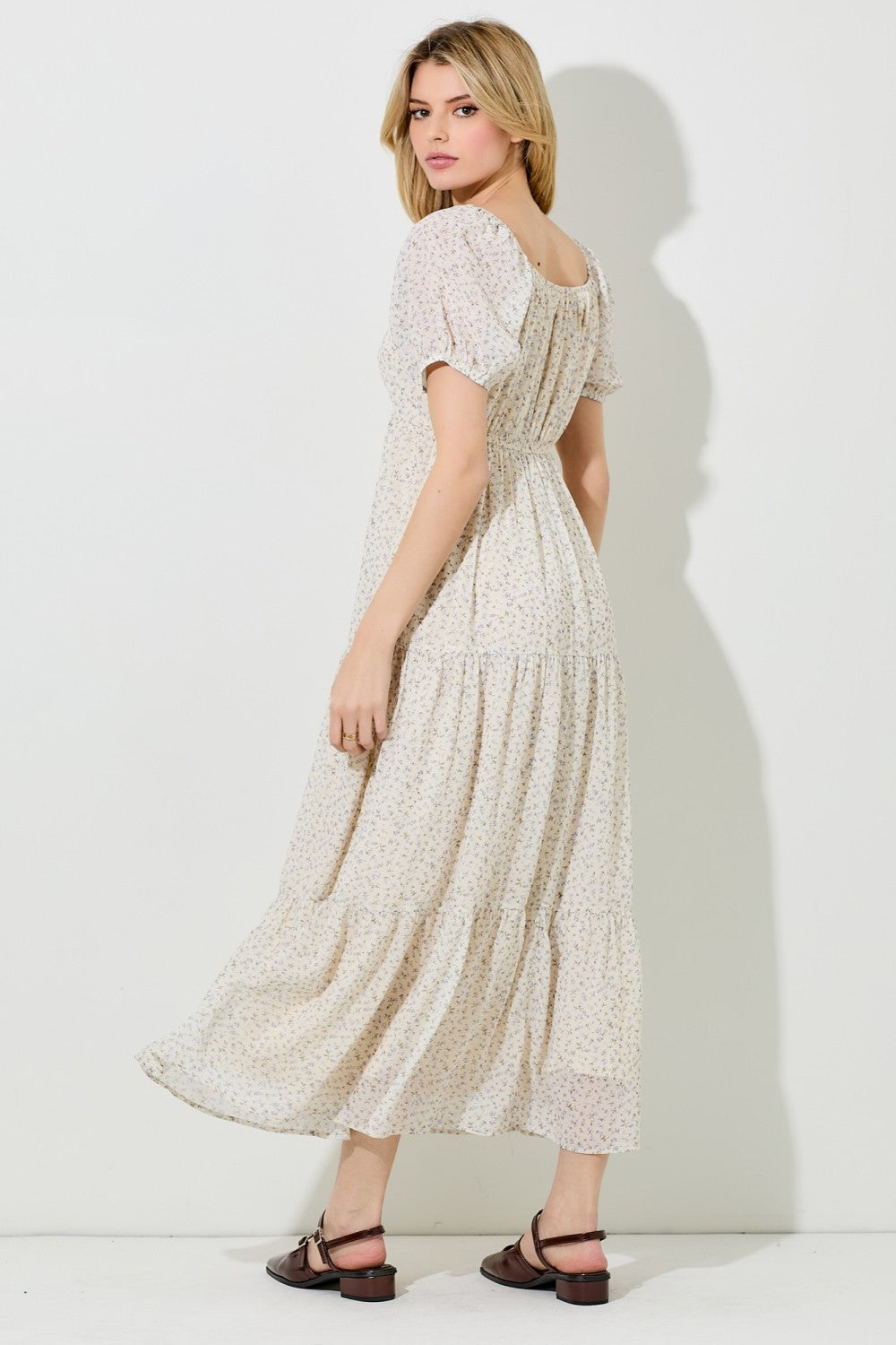 Cream Floral Chiffon Tiered Maxi Dress